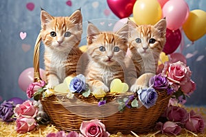 Valentine\'s day. Cute kittens inside a straw basket.