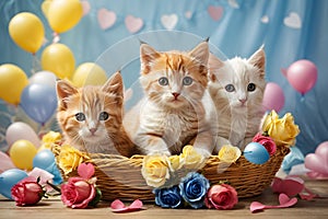 Valentine\'s day. Cute kittens inside a straw basket.