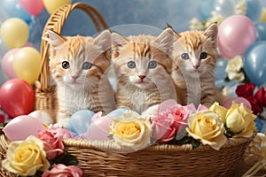 Valentine\'s day. Cute kittens inside a straw basket.