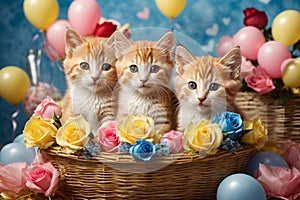 Valentine\'s day. Cute kittens inside a straw basket.