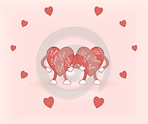 Valentine`s day: cute red hearts filled with love hold hand in hand on a pink background surrounded by original hearts in polka do