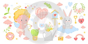 Valentine's Day cute vector illustrations, floral wreath, balloon and angel, set for typography. Bunny on a cloud