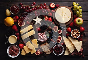 Valentine\'s Day dark scene Top Assorted background theme charcuterie view sweet cheese fruit wood appetizers table meat