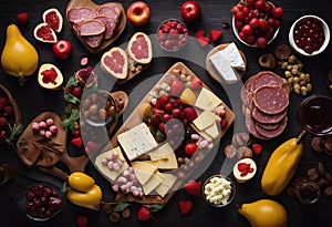 Valentine\'s Day dark scene Top Assorted background theme charcuterie view sweet cheese fruit wood appetizers table meat