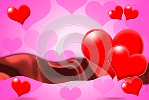 Valentine`s Day. a day of appreciation in love. pink background with red hearts and beard satin ribbon