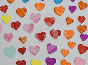 Valentine`s Day decoration. Lots of hearts on a white background.