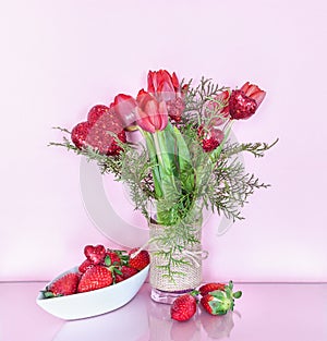 Valentine`s Day Decoration with Tulips and Strawberries