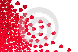 Valentine`s day decorative border of red hearts confetti isolated on white background.