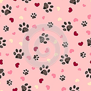 Valentine's Day design paw and hearts. Seamless fabric design pet lover pattern