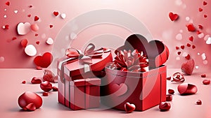 Valentine\'s day design. Realistic red gifts boxes. Open gift box full of decorative festive