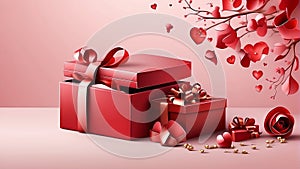 Valentine\'s day design. Realistic red gifts boxes. Open gift box full of decorative festive