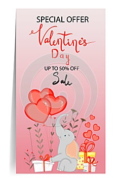 Valentine`s Day discount card with a cute elephant. Cartoon style. Vector illustration.