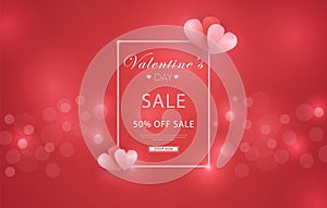 Valentine`s Day Discount Sale Illustration in red glitter background, with rectangle frame border and origami hearts. Can be used