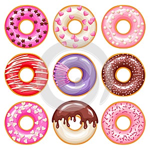 Valentine`s day donuts icons set. Sweet bakery vector.