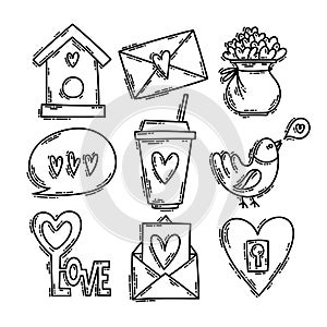 Valentine`s Day doodle style hand-drawn icon set with simple engraving retro effect