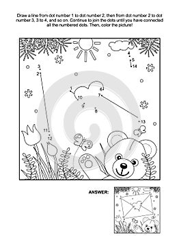 Valentine`s Day dot-to-dot and coloring page with envelope and teddy bear