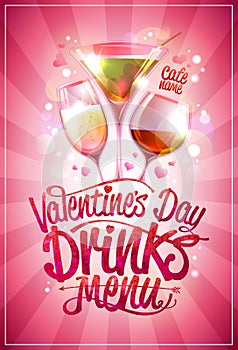 Valentine`s day drinks menu design with cocktails