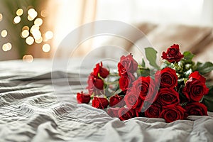 Valentine\'s Day Elegance: Luxurious Bedroom with Red Roses Bouquet on Bed, Romantic Room Decor