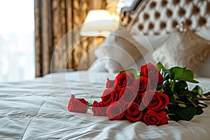 Valentine\'s Day Elegance: Luxurious Bedroom with Red Roses Bouquet on Bed, Romantic Room Decor