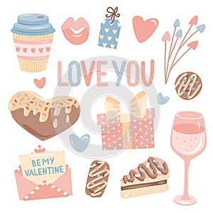 Valentine`s day element collection wuth lettering, pastel colors on whine background