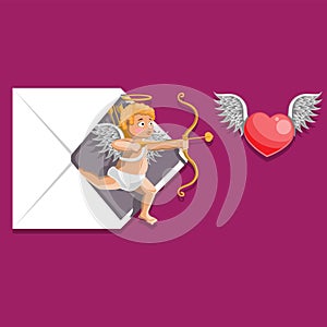 Valentine s day envelope Cupid bow arrow heart on isolated background. Vector image. Cartoon