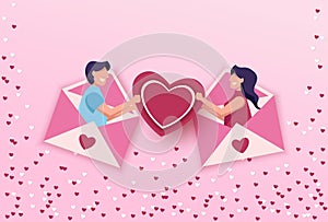 Valentine`s day, exchange of love letters at a distance. Online dating app concept flat