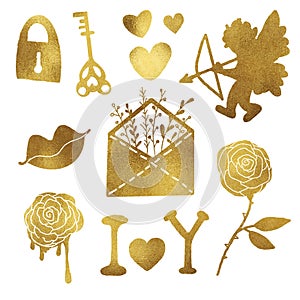 Valentine's day, February 14. Vector glitter gold illustrations of love