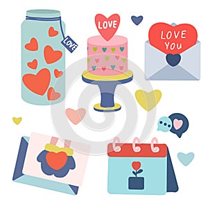 Valentine's Day and February 14 vector set of elements  stickers  envelope  cake  jar  hearts.