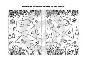 Valentine`s Day find the differences visual puzzle and coloring page