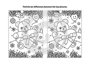 Valentine`s Day find the differences visual puzzle and coloring page