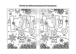 Valentine`s Day find the differences visual puzzle and coloring page