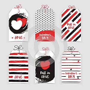 Valentine`s day flat badge collection with lettering, contrast colors on whine background
