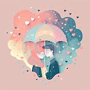 Valentine`s day flat pastel illustration with boy kissing a girl under an umbrella.Ai generated