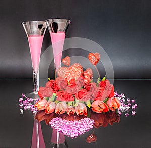 Valentine`s Day Floral Arrangement with a Diamond Heart and a Pink Elixir of Love