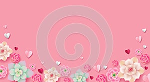 Valentine`s day floral pink background with paper hearts. Beautiful flowers for banner or greeting card design. - Vector