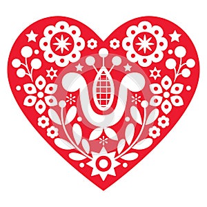 Valentine`s Day folk art vector heart greeting card design - traditional Polish embroidery style Lachy Sadeckie