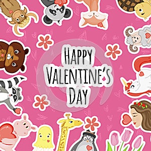 Valentine`s Day frame with cute animals. Cartoon style. Vector illustration