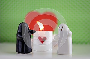 ValentineÂ´s Day Ghosts Wedding with Candle, Flowers and Hearth