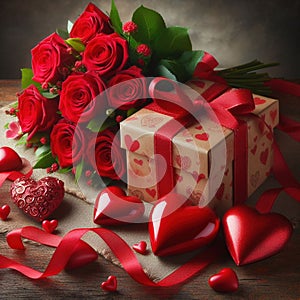 Valentine's day gift. Banner design with present box and hearts on red background.