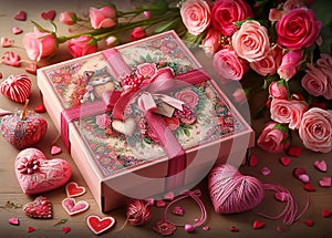 Valentine's day. A gift and a bouquet of flowers