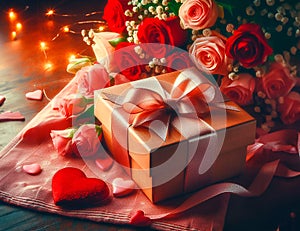 Valentine's day. A gift and a bouquet of flowers