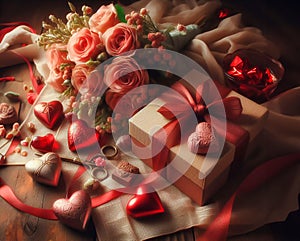 Valentine's day. A gift and a bouquet of flowers