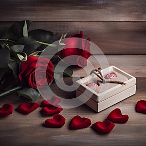 Valentine's day gift box with red roses on wooden background. Generative AI