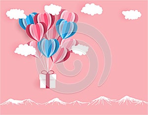 Valentine s Day. The gift is delivered on balloons cut out of paper on a pink background. illustration