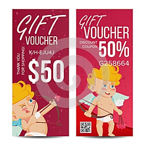 Valentine s Day Gift Voucher Vector. Vertical Coupon. February 14. Valentine Cupid And Gifts. Shopping Advertisement