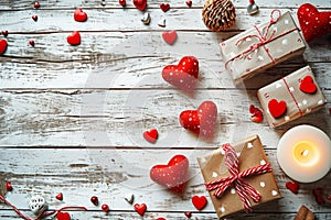 Valentine\'s Day Gifts and Decorations on Wooden Background