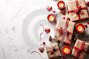 Valentine\'s Day Gifts and Decorations on Wooden Background