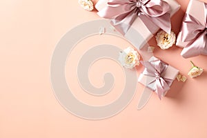 Valentine\'s Day gifts with pink ribbon bow, rose buds on peach fuzz background.