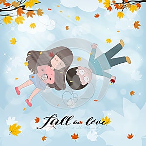 Valentine`S Day.girl and boy lying together under branches autumn leaves with sunlight shining.Cute cartoon Autumnal young couple