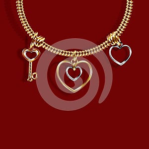 Valentine s Day. Gold bracelet with three charms Charm in the shape of a Key, a heart of white and yellow gold. 3D with shadow.